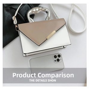 Detail view of contrast handbag with silver fluid metal handle and smartphone for scale