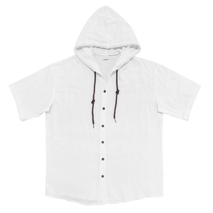 Detail of white cotton linen shirt showing texture, hood drawstring, and dark buttons