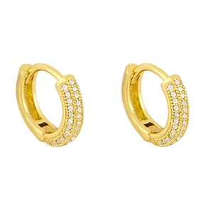 Elegant gold C-shaped hoop earrings featuring three rows of pave-set white cubic zirconia