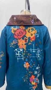 Detail view of ethnic floral print and geometric patterns on the peacock blue wool coat