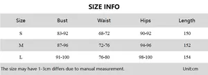 Detailed size chart for backless mesh dress with S, M, L dimensions and measurements