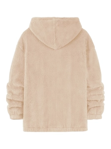 Back view of camel 3D drawstring hoodie showing thick faux shearling fleece texture