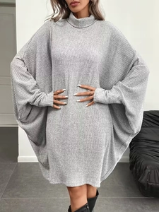 Elegant grey high neck batwing sleeve knitted dress with loose oversized fit for women