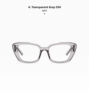 Detail view of transparent grey square glasses frames with high quality metal hinges