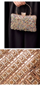 Detailed macro view of vibrant colored crystals and golden metal frame on luxury clutch bag