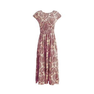 Vintage floral maxi dress with red damask pattern, V-neck and elastic waist design