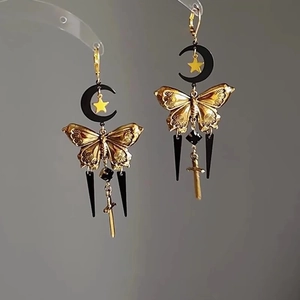 Gothic gold and black moon butterfly tassel earrings with stars and small sword pendants