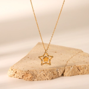 Stainless Steel Star Pendant Necklace Hollow Pentagram Rhinestone Clavicle Chain For Women Elegant Fashion Jewelry