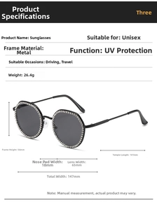Detailed size specifications for rhinestone-studded vintage round sunglasses with dimensions