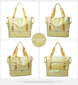 Detailed views of yellow travel bag showing wet-dry separation and suitcase trolley sleeve