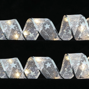 Silver LED Christmas ribbon lights with star patterns and warm white glow for tree decor