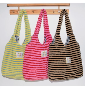 Autumn winter plush striped tote bag, cute fuzzy shoulder bag, large capacity handbag.