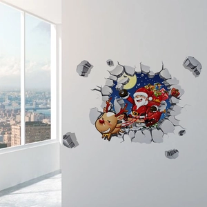 3D Santa Claus wall sticker with reindeer and moon scene through a broken wall effect