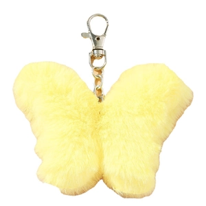 Fluffy yellow butterfly keychain made of soft faux rabbit fur with a silver metal lobster clasp