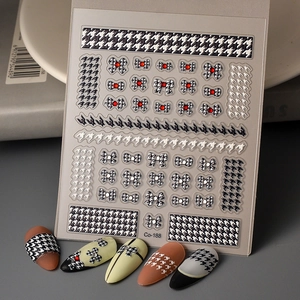 5D Nagelkunst Aufkleber Hahnentrittmuster Schleife Strass Decals Französischer Stil Selbstklebende Maniküre Für Frauen