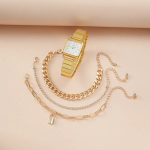 Elegant gold square watch set with three matching charm bracelets on a beige background