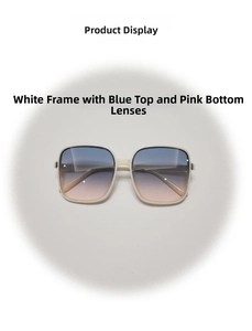 Gafas de sol cuadradas blancas con lentes degradadas azul-rosa sobre un fondo liso