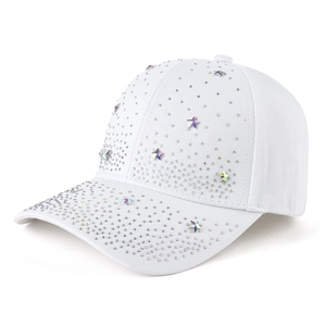 White baseball cap with silver rhinestones and colorful star patterns on white background
