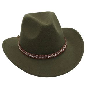 Detail view of olive green fedora hat with brown leather band and silver metal rivets