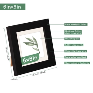 Macro detail of 6x6 inch black wood photo frame with HD plastic panel and wall mount