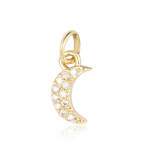 Detailed view of a gold-plated crescent moon pendant with sparkling zircon gemstones