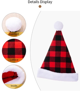 Detail display of red and black buffalo plaid Christmas hat with faux fur and soft hairball