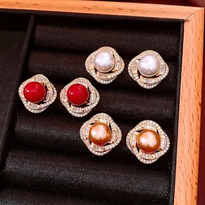 Vintage Artificial Pearl Stud Earrings With Zircon Inlay Alloy Metal And Silver Earring Post French Palace Style For Women