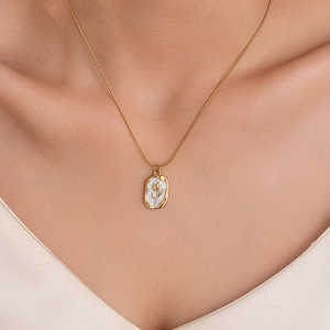Golden tulip flower necklace with white enamel pendant for women in vintage style