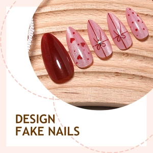 Cat eye almond press-on nails with bow, pearls, and red glitter for Valentine's Day