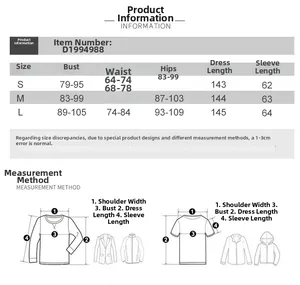 Size chart table for slim-fit long sleeve maxi dress with S, M, L dimensions