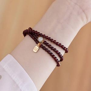 Natural Garnet Hetian Jade Beaded Bracelet Multi-Loop Wrap Bracelet Gold Fu Blessing Charm Chinese Style Retro Women