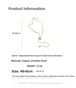 Detail of adjustable pearl square snake chain necklace showing specifications and dimensions