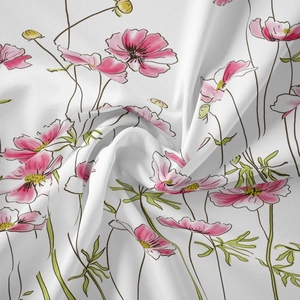 Detail of soft fabric texture with pink cosmos flower pattern for Bohemian home decor tapestry