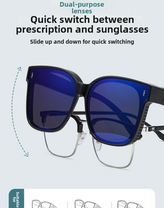 Detail of flip-up polarized sunglasses lens with blue coating showing switch mechanism