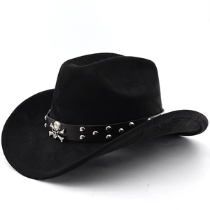 Black faux suede cowboy hat with silver skull emblem and studded decorative band