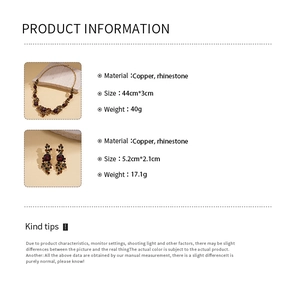 Detailed size chart and material specs for the vintage crystal pendant jewelry set