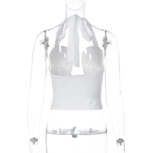 Detailed back view of white halter top with tie-up bow and cropped slim fit design