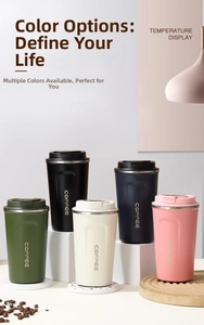 Five colored 304 stainless steel coffee tumblers with digital temperature display lids