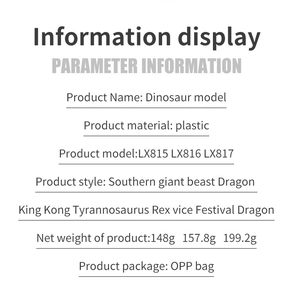 Tabla de especificaciones de modelos de dinosaurios Giganotosaurus y Parasaurolophus en plástico