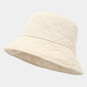 Beige corduroy bucket hat for women with heart quilted pattern for autumn and winter