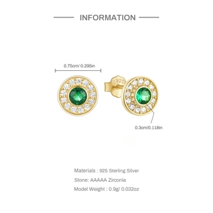 Detail view of emerald green zircon earrings with S925 silver studs and sizing specs