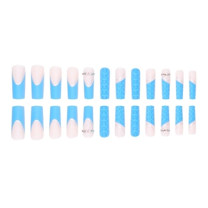 3D heart blue glitter long press-on nails set with french tips and rhinestone accents
