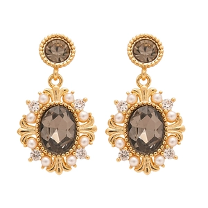 Vintage gold plated geometric earrings with gray oval zircon and white faux pearls