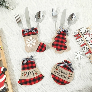 Christmas Cutlery Holder Burlap Buffalo Plaid Flatware Pockets Tree Sock Shape Table Decor Party Rustic Farmhouse