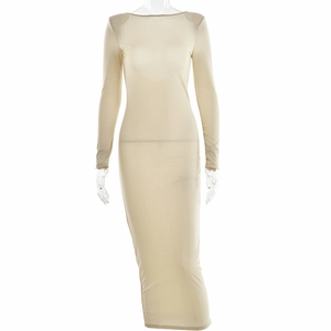 Detail of elegant off-the-shoulder beige bodycon dress with glitter fabric and slim fit