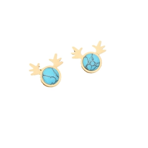 Golden antler stud earrings with round blue turquoise inlay on a clean white background