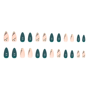 Deep green and nude pink almond press-on nails with minimalist black leaf patterns