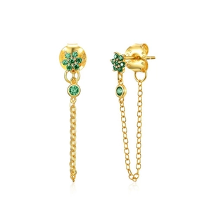 Detail of S925 sterling silver stamp on gold tassel earrings with green zircon flower