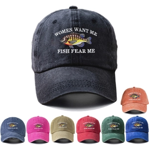 Washed Cotton Baseball Cap Humorous Embroidery Women Want Me Fish Fear Me Adjustable Vintage Sun Hat For Men Women