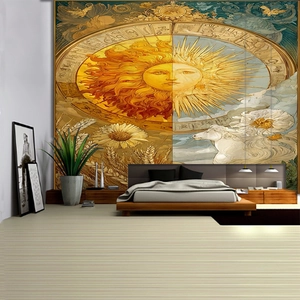 Detailed retro celestial tapestry with sun and moon art in a cozy bedroom setting